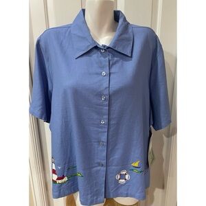 Jane Ashley Woman Blouse Top Shirt Size 2X Nautical Pattern Linen Blend